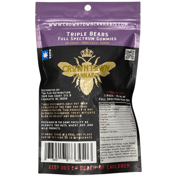 Crowntown Cannabis | Gummies | Full Spectrum | CBD | 600mg | 30 Count | Triple Bear | Night Time - Image 2