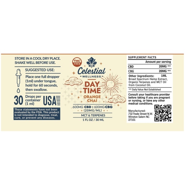 Celestial Wellness | Tincture | Broad Spectrum | CBD + CBG | Day Time | 1200mg | Orange Chai - Image 2