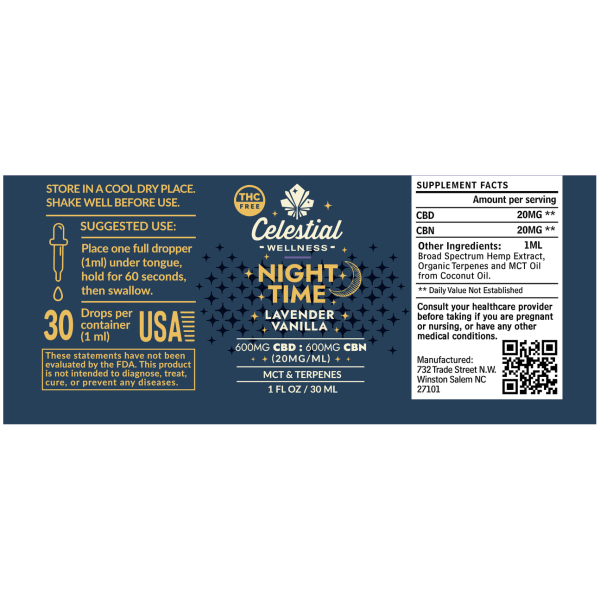Celestial Wellness | Tincture | Broad Spectrum | CBD + CBN | Night Time | 1200mg | Lavender Vanilla - Image 2