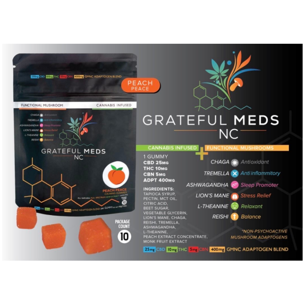 Grateful Meds Functional Mushroom Canna Gummy Peach Peace CBD + THC + Four Mushroom Blend - The Plug Distribution (1)